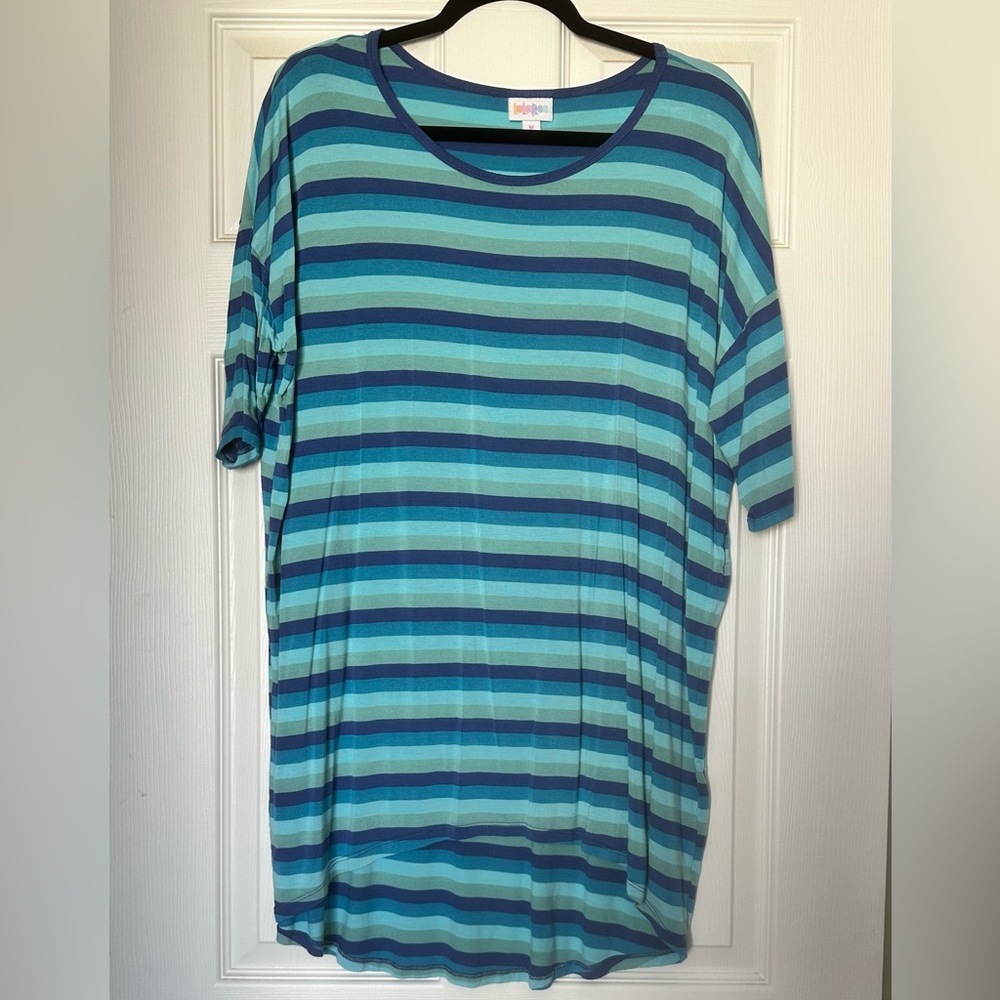 LuLaRoe Irma Blue and Green Striped Top